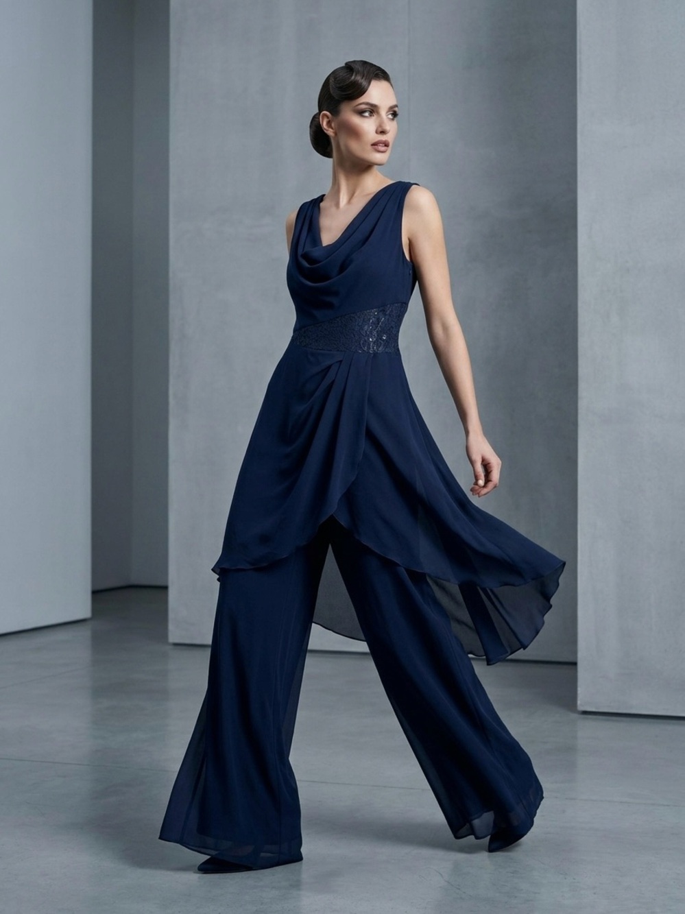 Luisa Spagnoli Pure Silk Lace Overlay Wide Leg Jumpsuit Dress Navy Blue 46 | 10